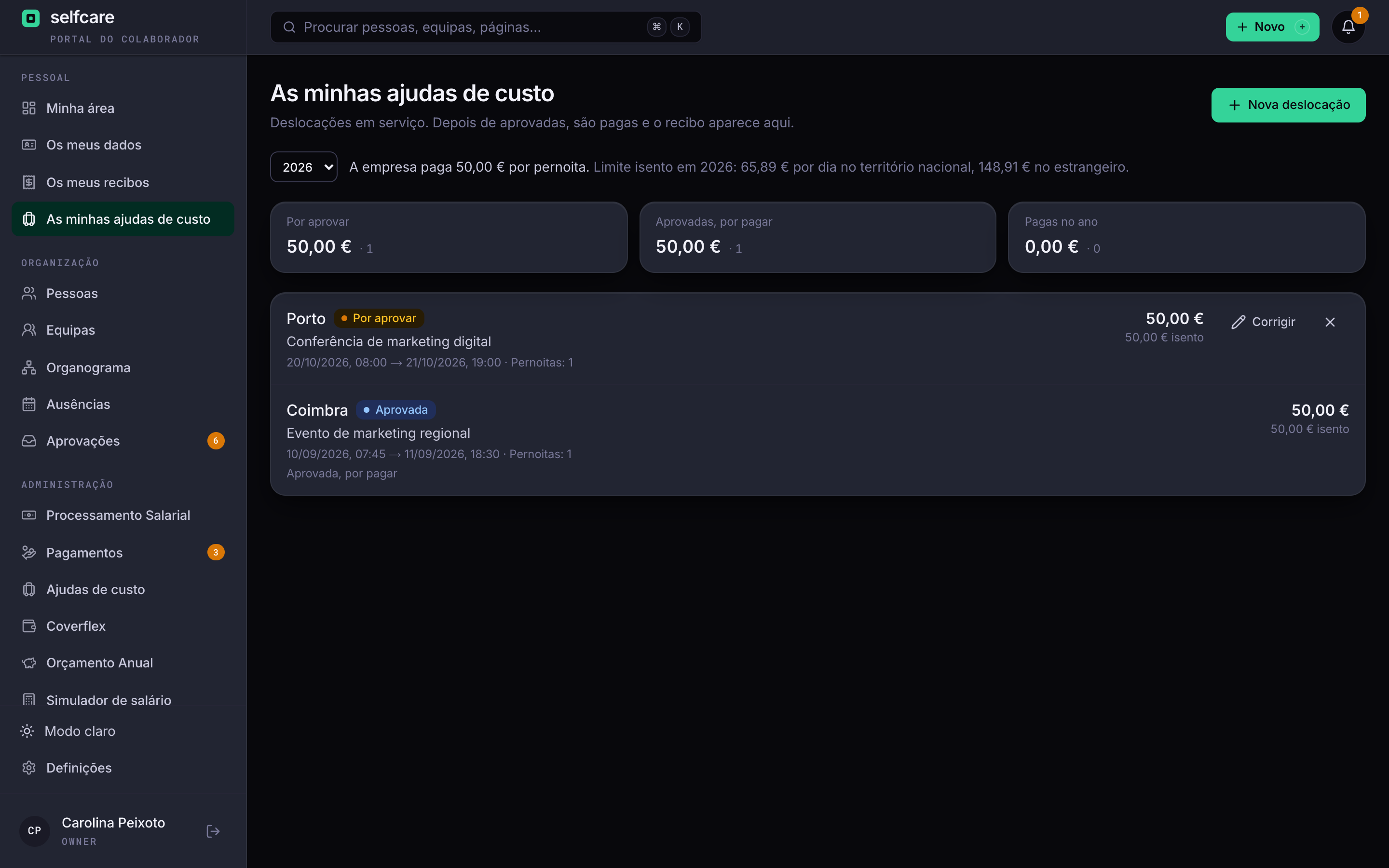 Lista das deslocações de uma colaboradora no Selfcare, com o valor por pernoita da empresa, o limite isento do ano e os totais por aprovar, por pagar e pagos