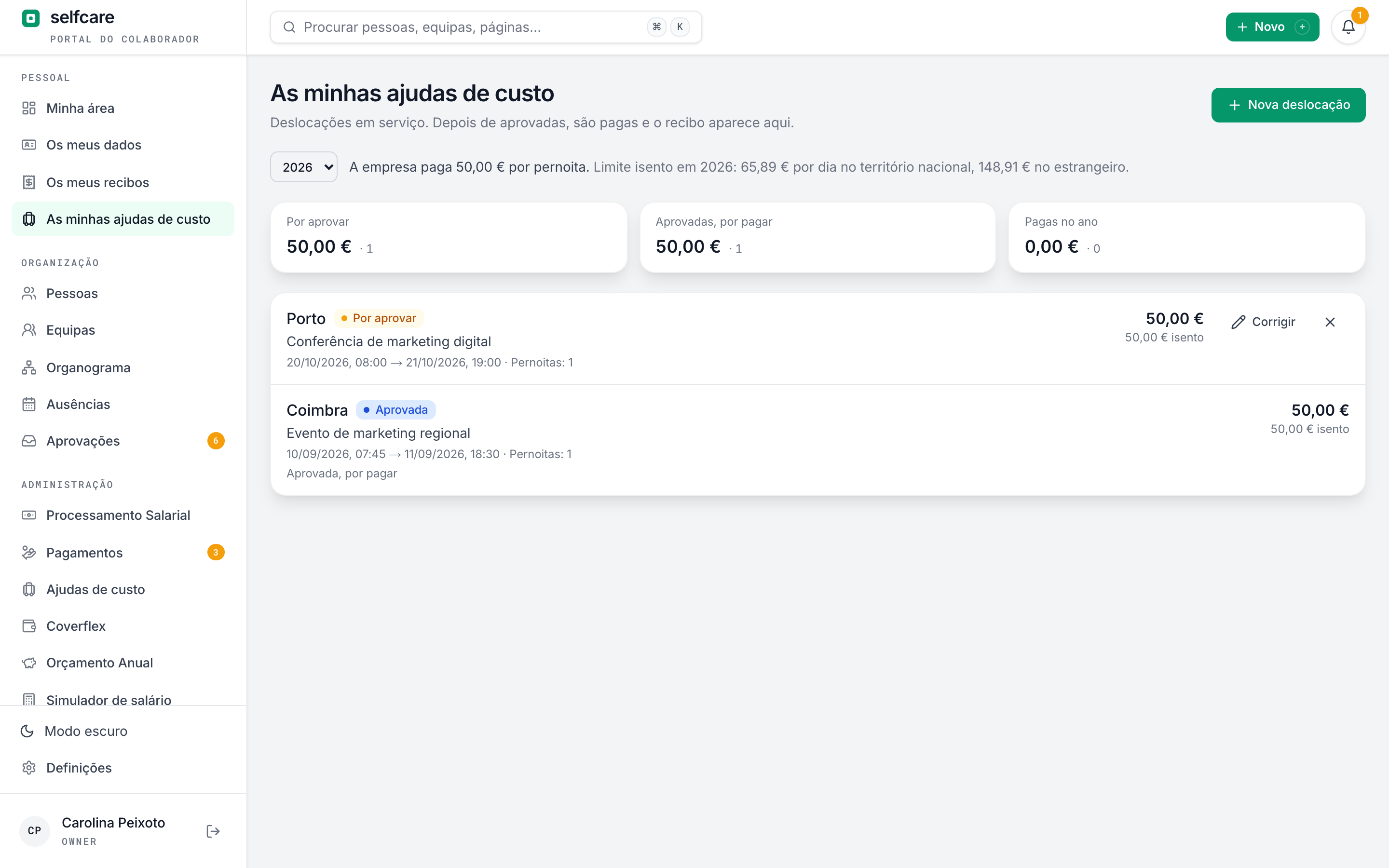 Lista das deslocações de uma colaboradora no Selfcare, com o valor por pernoita da empresa, o limite isento do ano e os totais por aprovar, por pagar e pagos