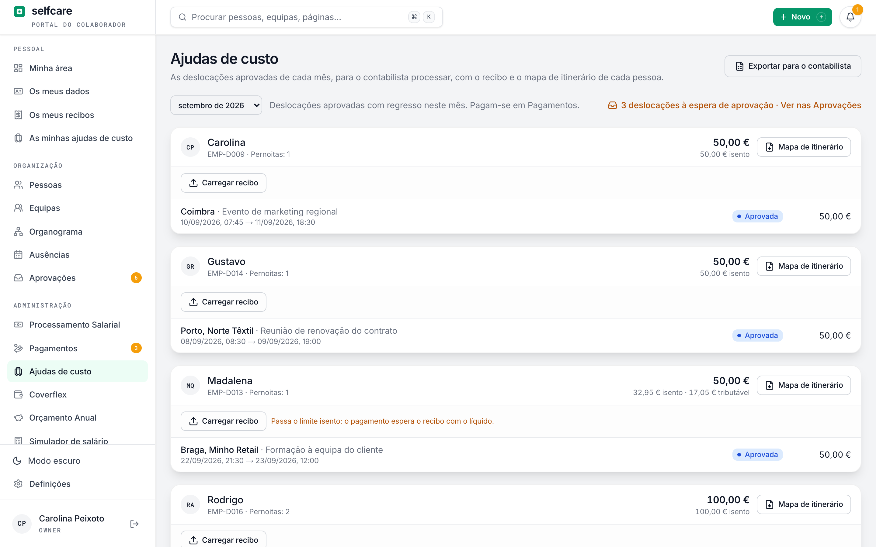 Deslocações de setembro no Selfcare por pessoa, com o recibo do contabilista a carregar, o total isento e tributável, o mapa de itinerário em PDF e a exportação para o contabilista