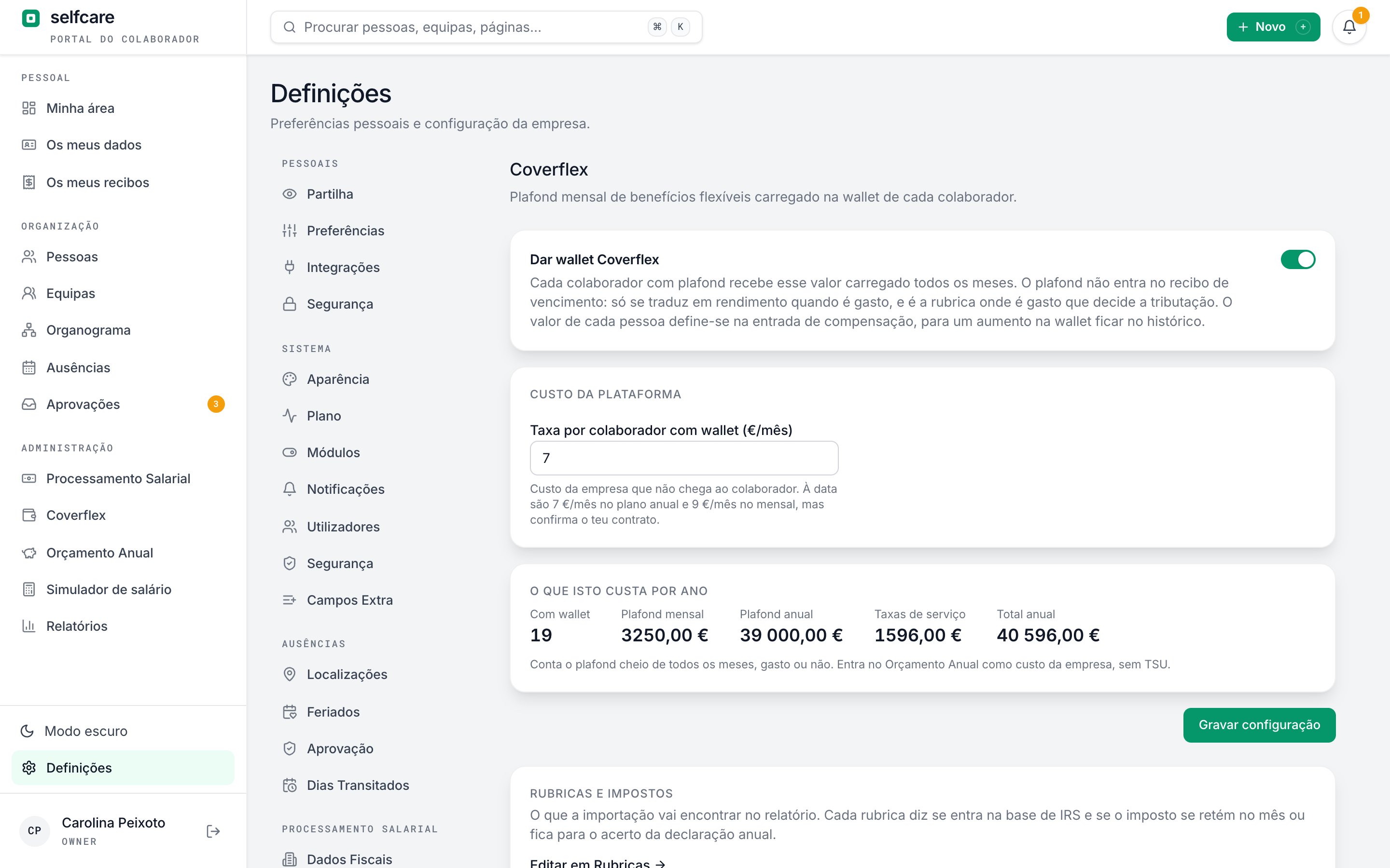Definições da Coverflex no Selfcare com o módulo ligado, a taxa de serviço e o custo anual dos plafonds da empresa