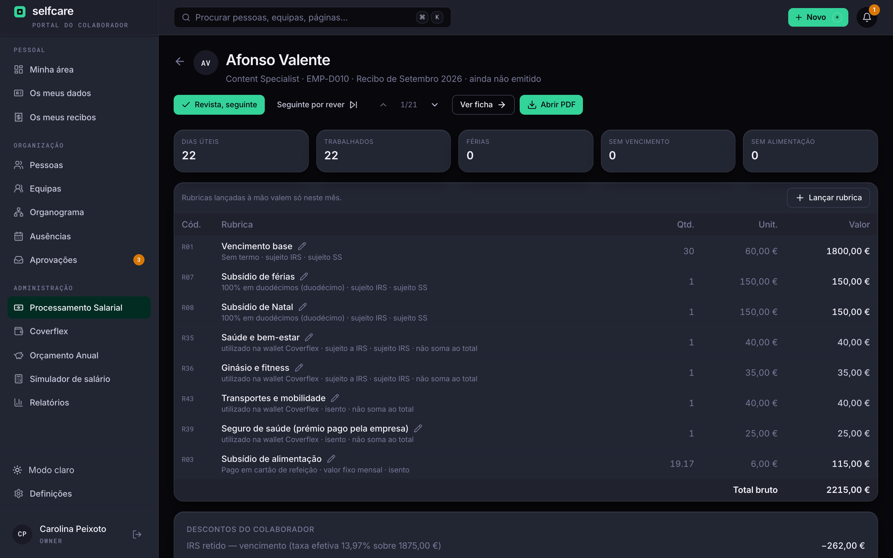 Recibo de setembro no Selfcare com os benefícios da wallet Coverflex em linhas próprias, saúde e bem-estar, ginásio, transportes e seguro de saúde, cada uma com o seu enquadramento e sem somar ao total