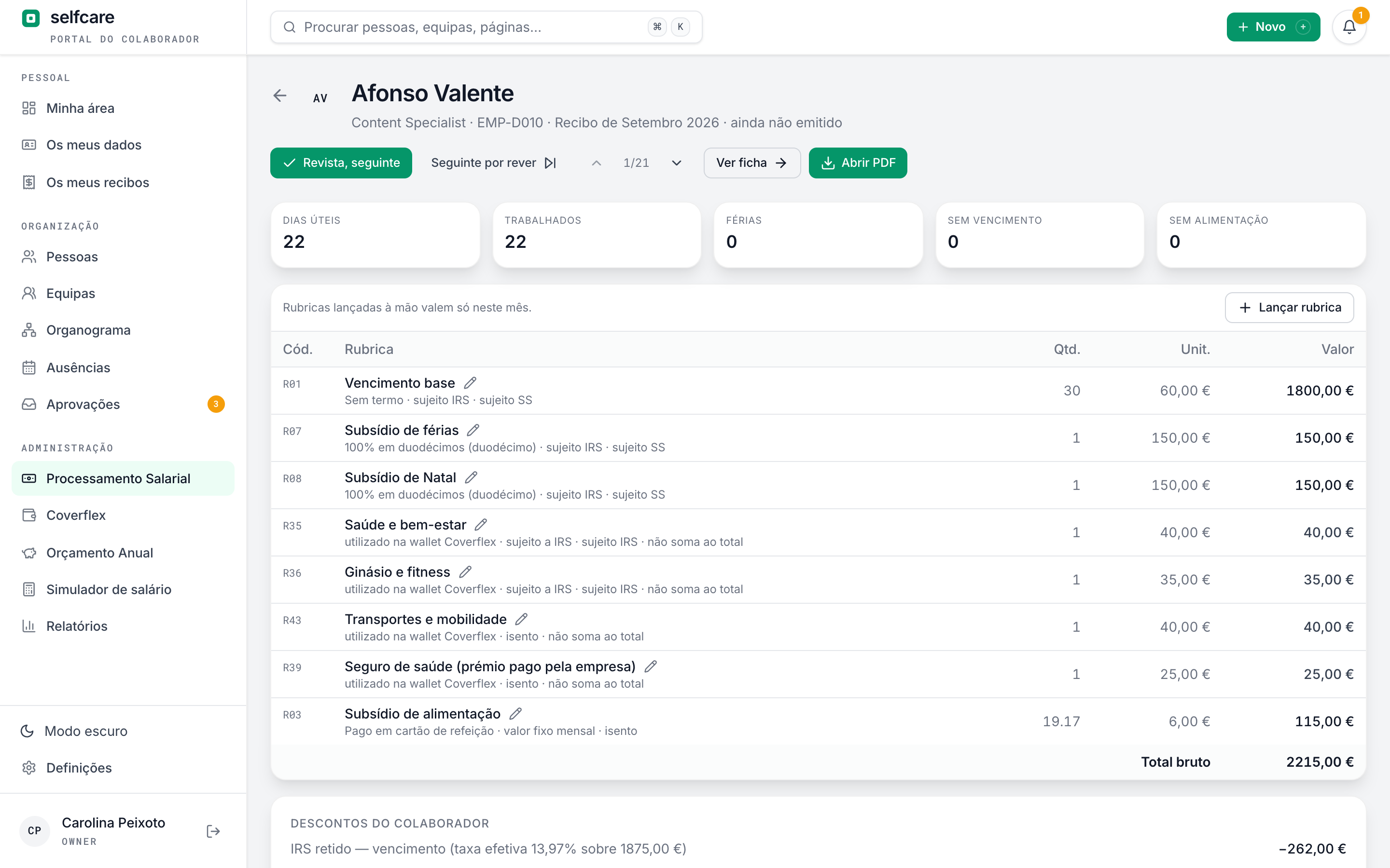 Recibo de setembro no Selfcare com os benefícios da wallet Coverflex em linhas próprias, saúde e bem-estar, ginásio, transportes e seguro de saúde, cada uma com o seu enquadramento e sem somar ao total