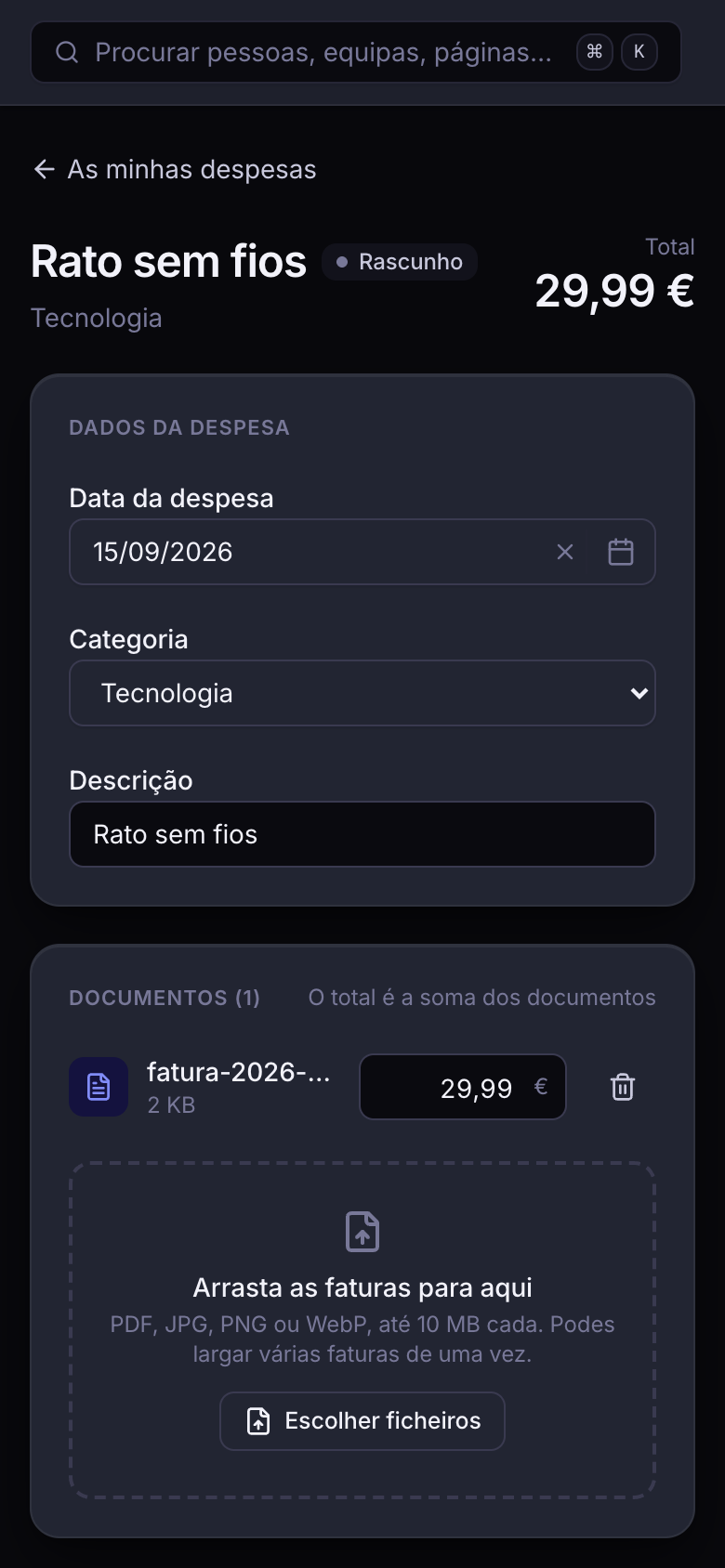 A mesma despesa no ecrã do telemóvel