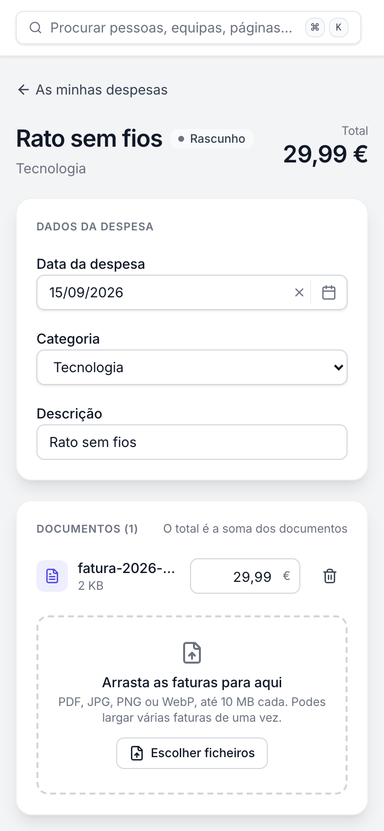 A mesma despesa no ecrã do telemóvel