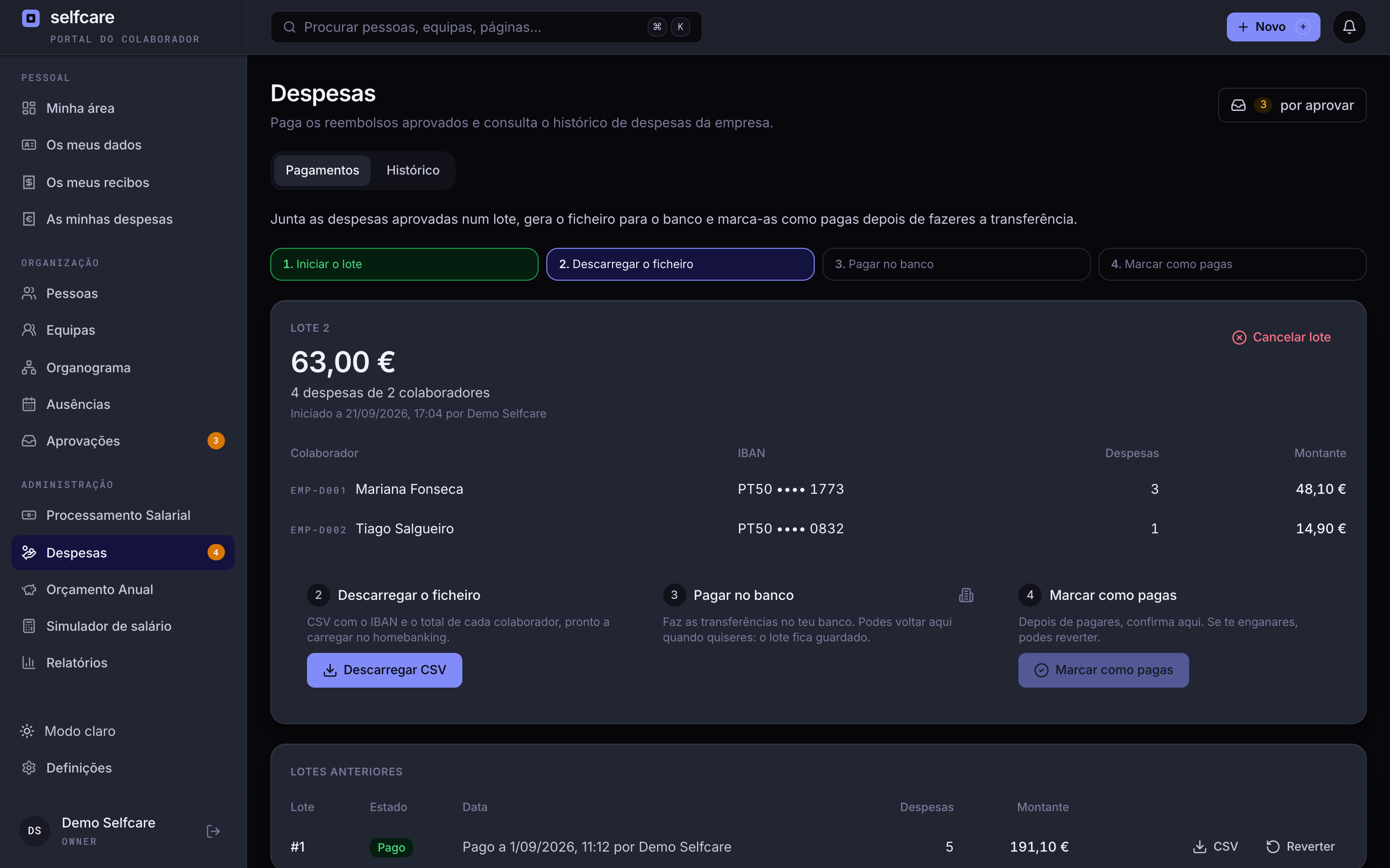 Processo de pagamento de despesas no Selfcare com os passos descarregar CSV, pagar no banco e marcar como pagas