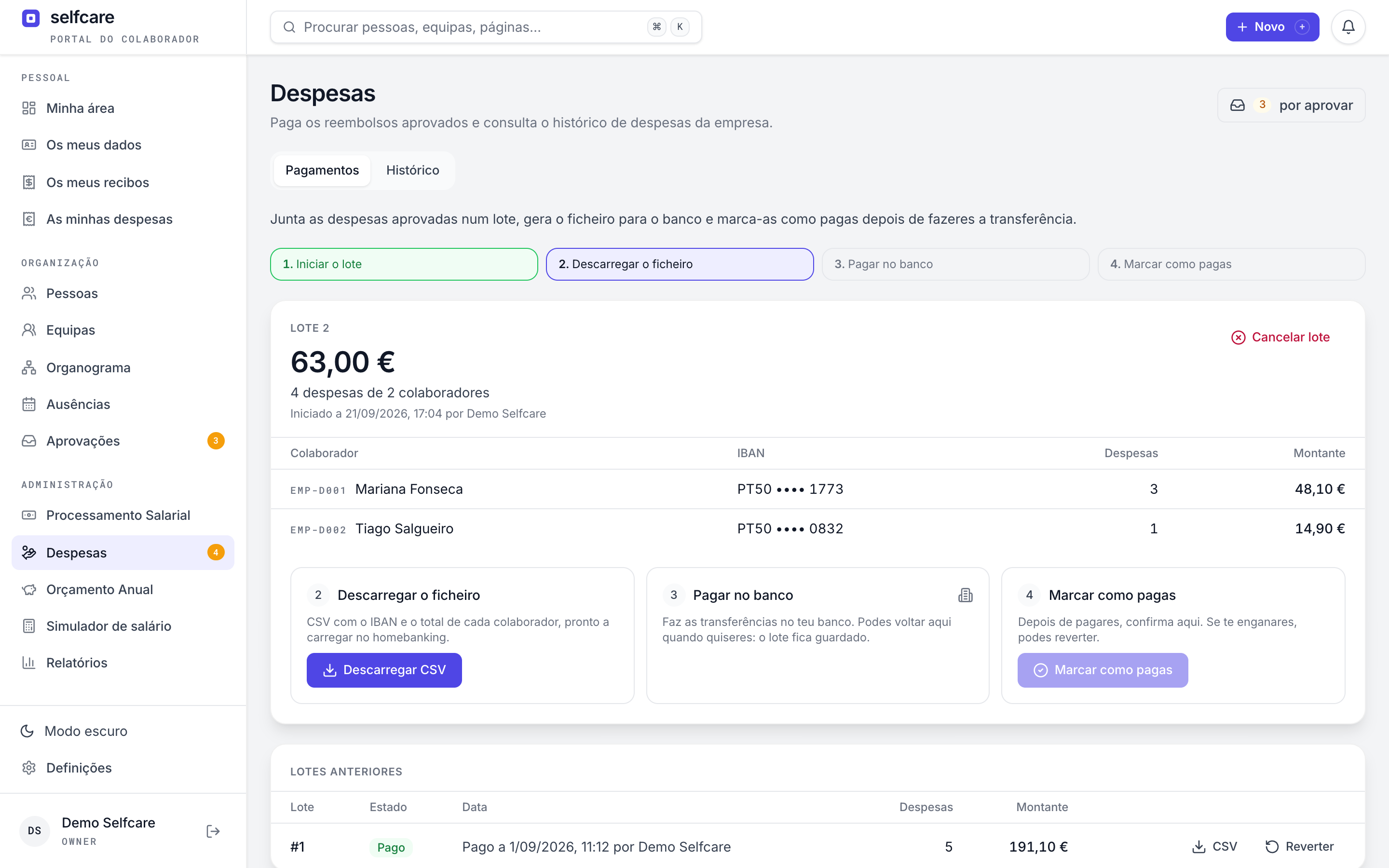 Processo de pagamento de despesas no Selfcare com os passos descarregar CSV, pagar no banco e marcar como pagas