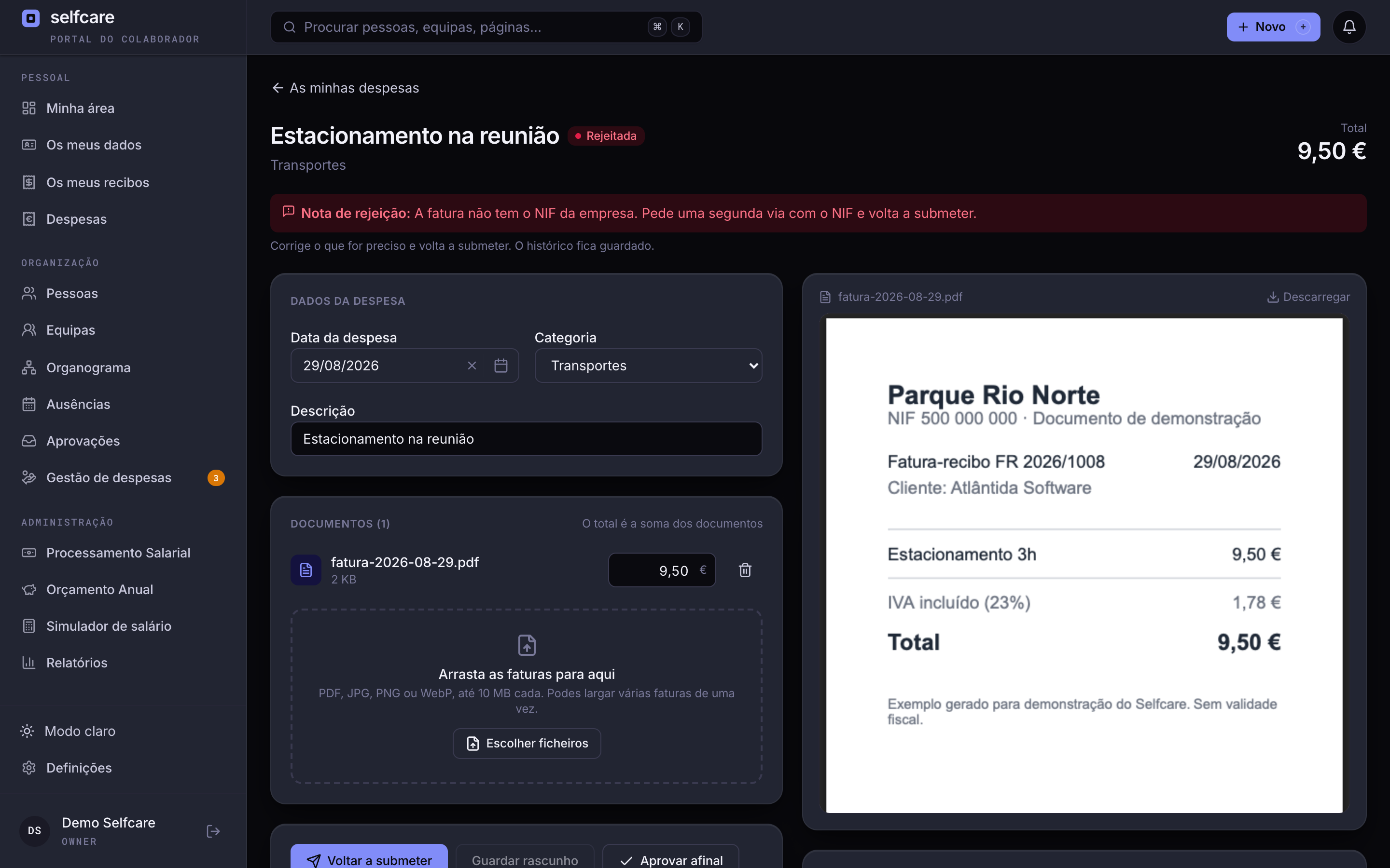 Despesa rejeitada no Selfcare com a nota do aprovador em destaque e o histórico da despesa