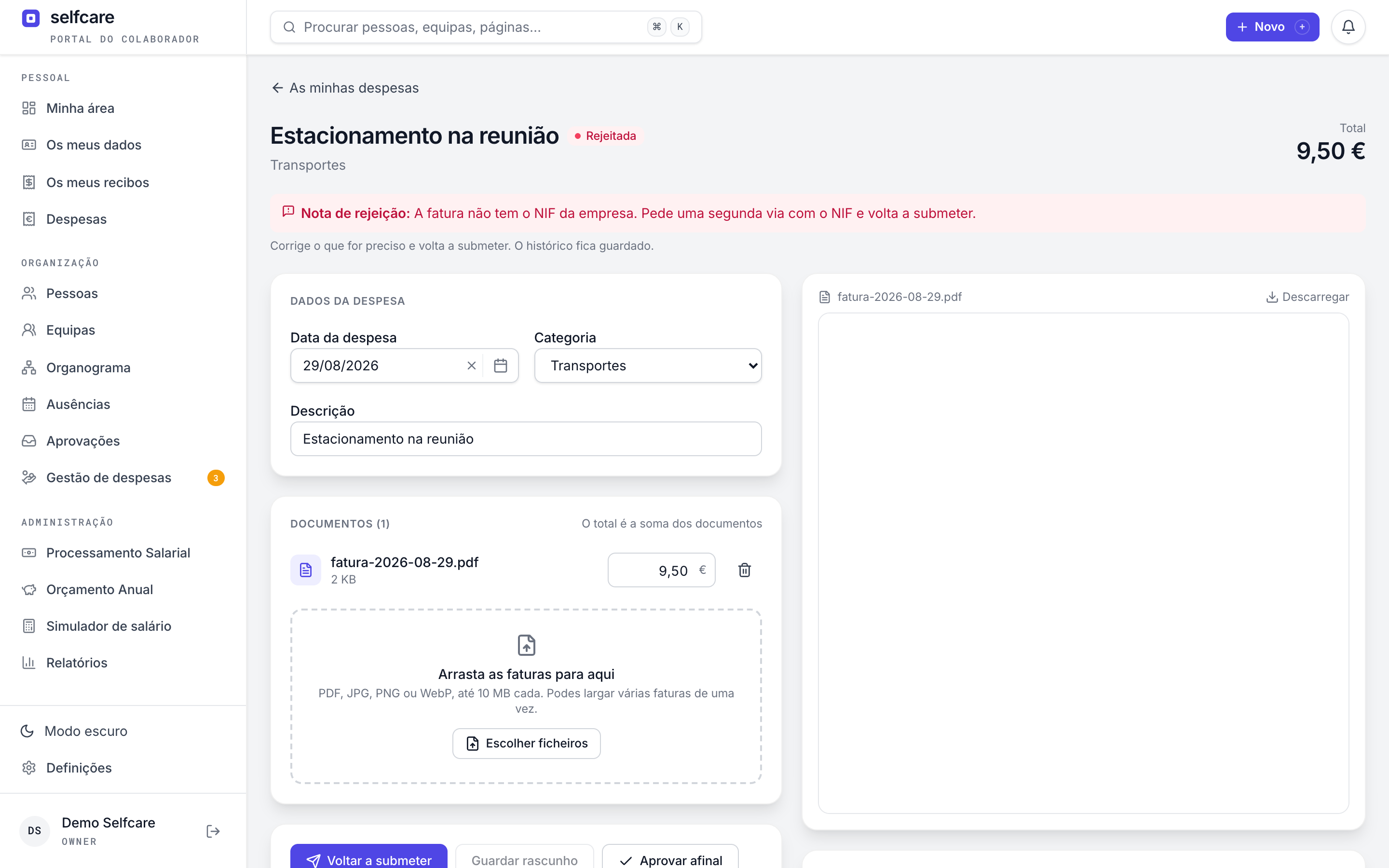 Despesa rejeitada no Selfcare com a nota do aprovador em destaque e o histórico da despesa