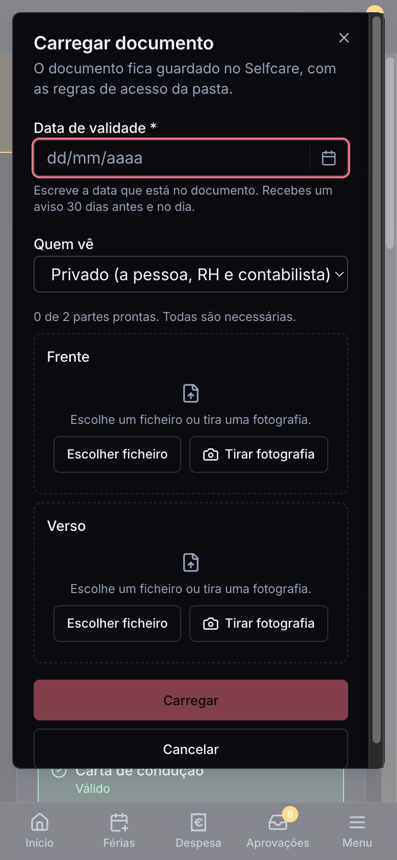 Carregar o cartão de cidadão com a câmara do telemóvel, com um espaço para a frente e outro para o verso