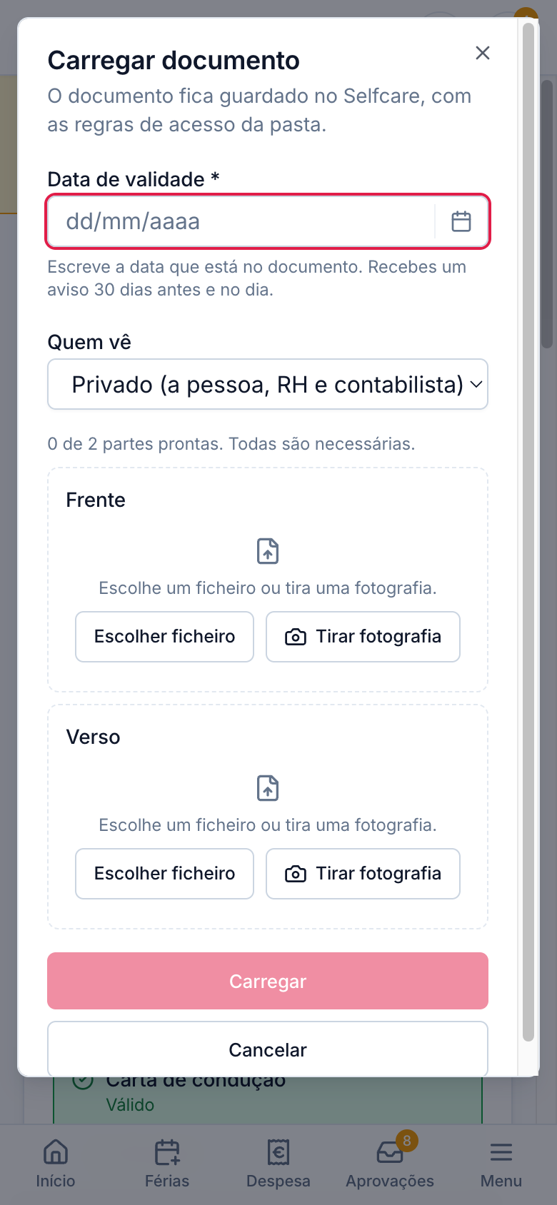 Carregar o cartão de cidadão com a câmara do telemóvel, com um espaço para a frente e outro para o verso