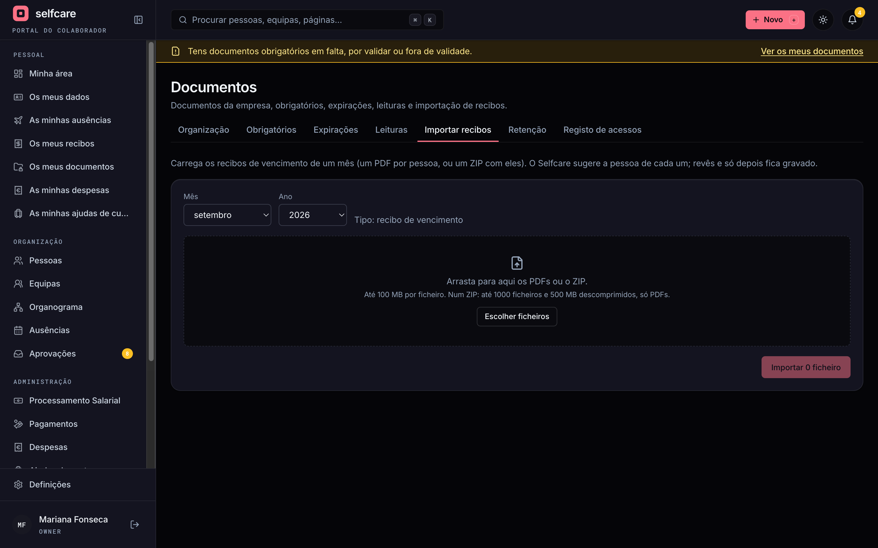 Importação de recibos de vencimento: escolher o mês e carregar os PDFs ou um ZIP