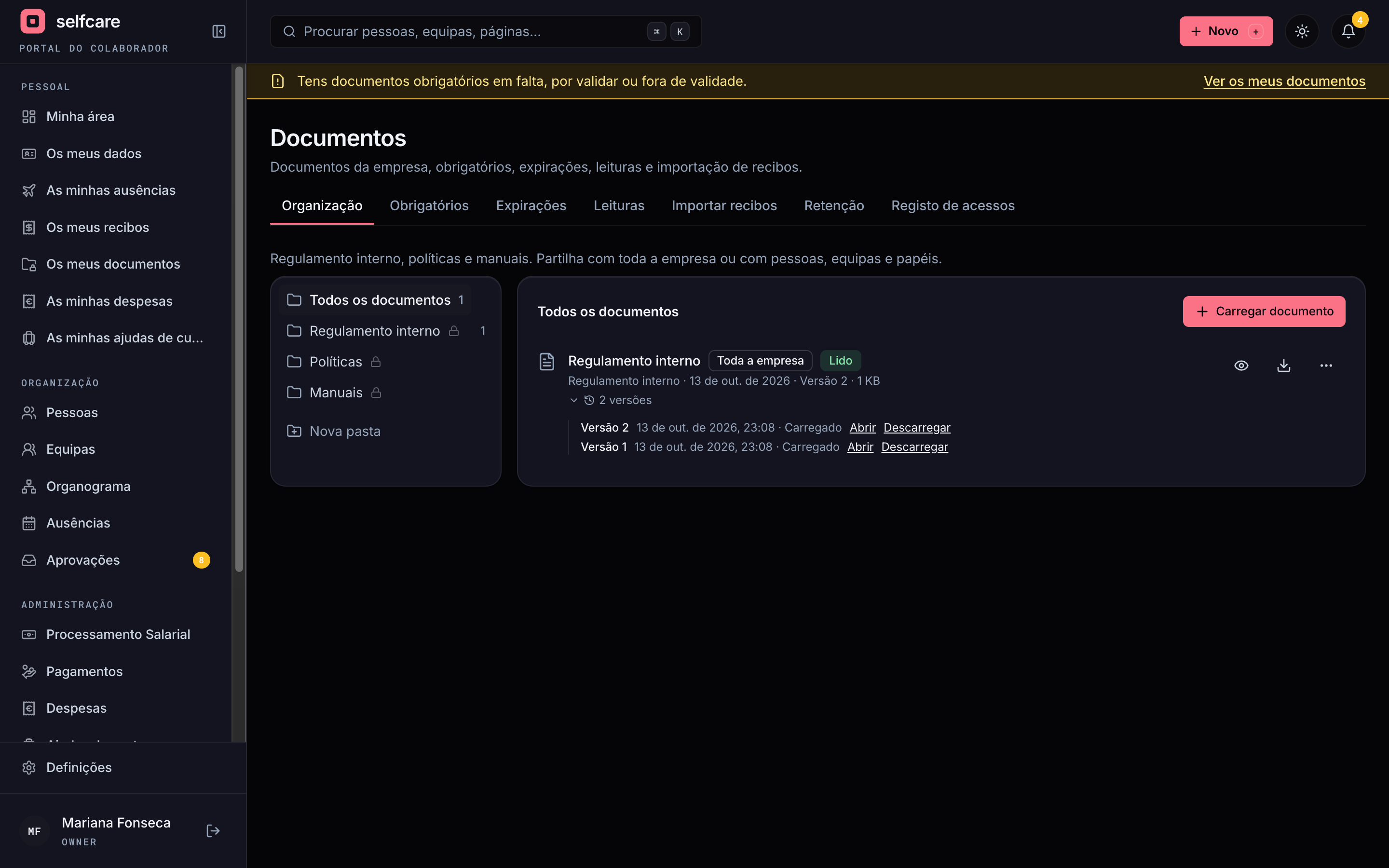 Histórico de versões de um documento, com a data, a origem e as opções abrir e descarregar