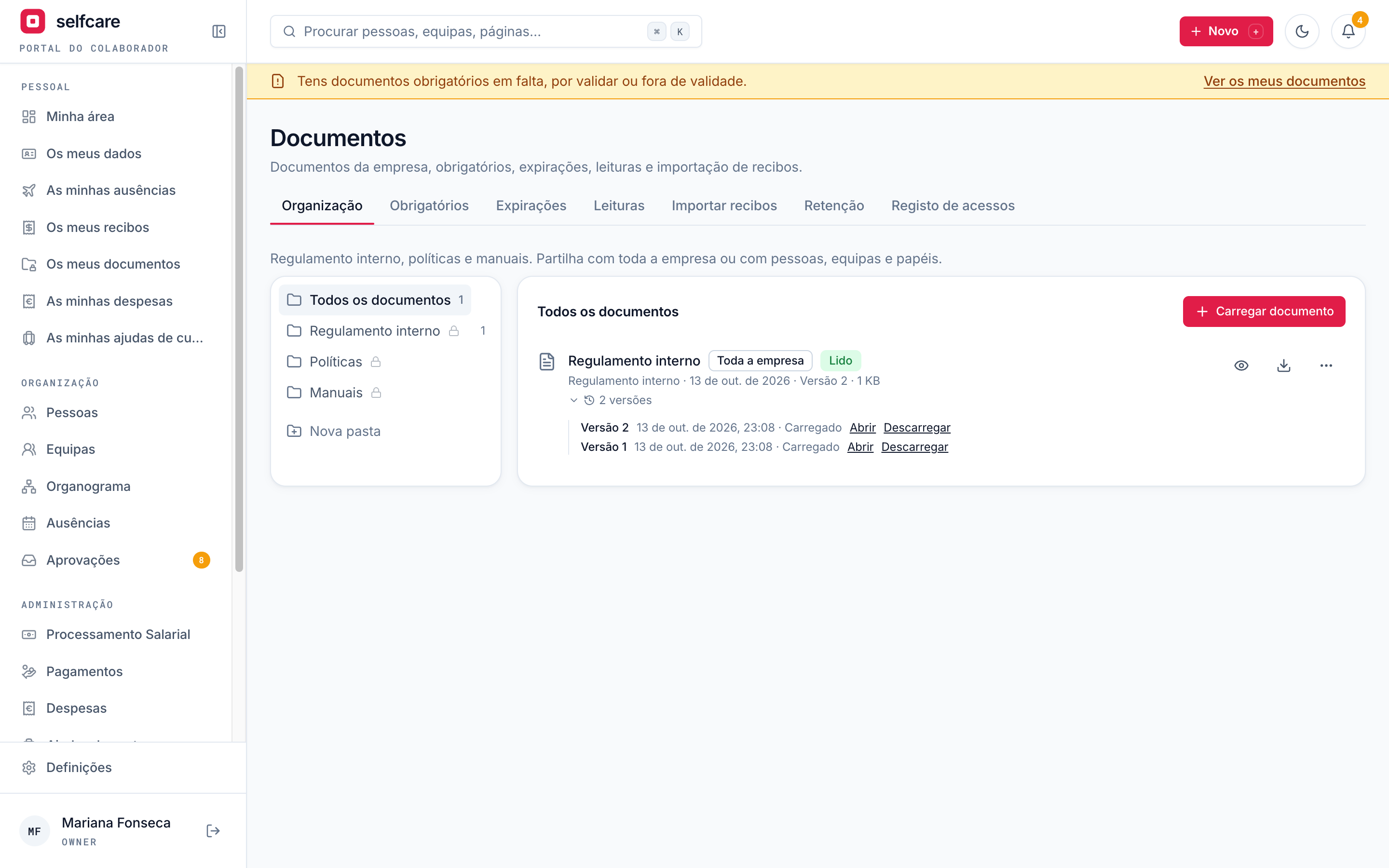 Histórico de versões de um documento, com a data, a origem e as opções abrir e descarregar