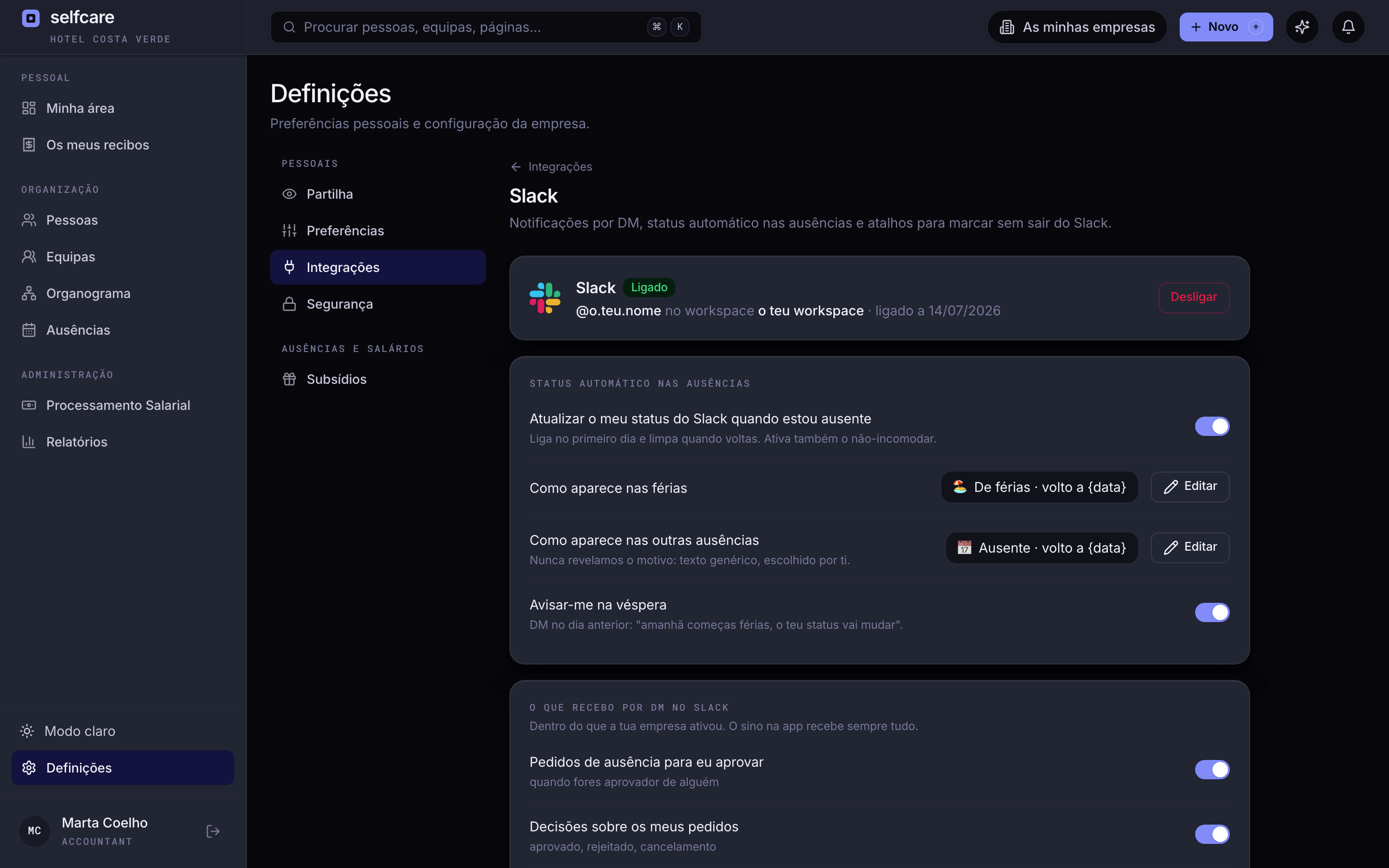 Página de integração Slack no Selfcare: ligação pessoal, status automático nas ausências e preferências de notificação por DM