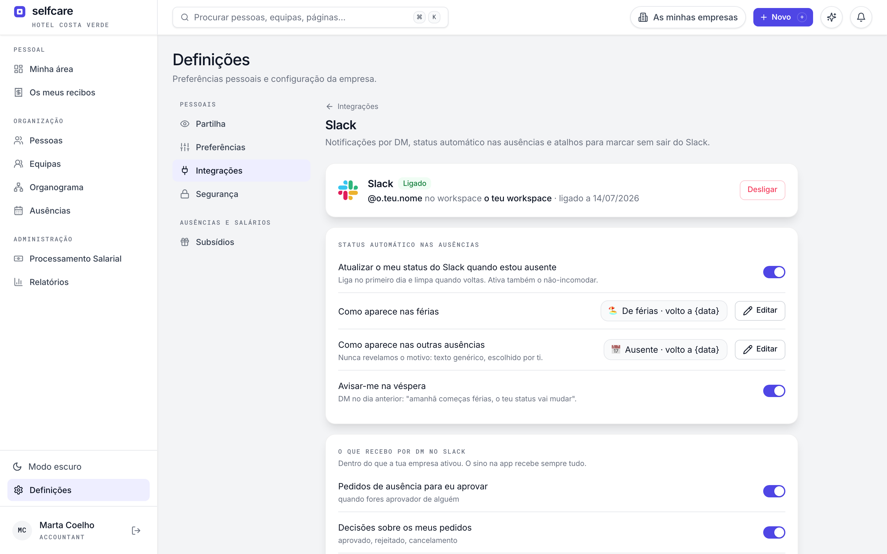 Página de integração Slack no Selfcare: ligação pessoal, status automático nas ausências e preferências de notificação por DM