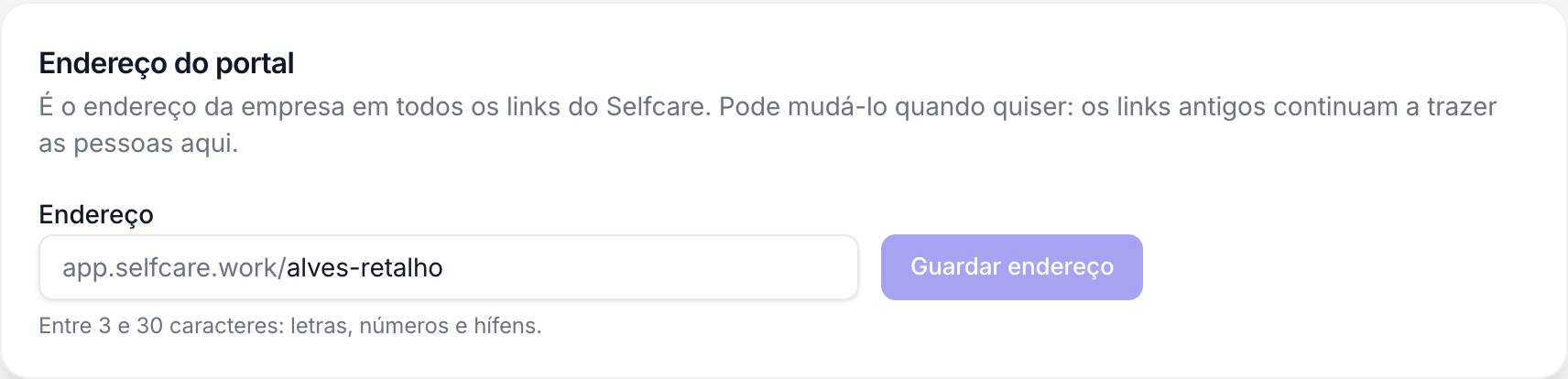 Cartão Endereço do portal nas definições do Selfcare, com o endereço app.selfcare.work/alves-retalho