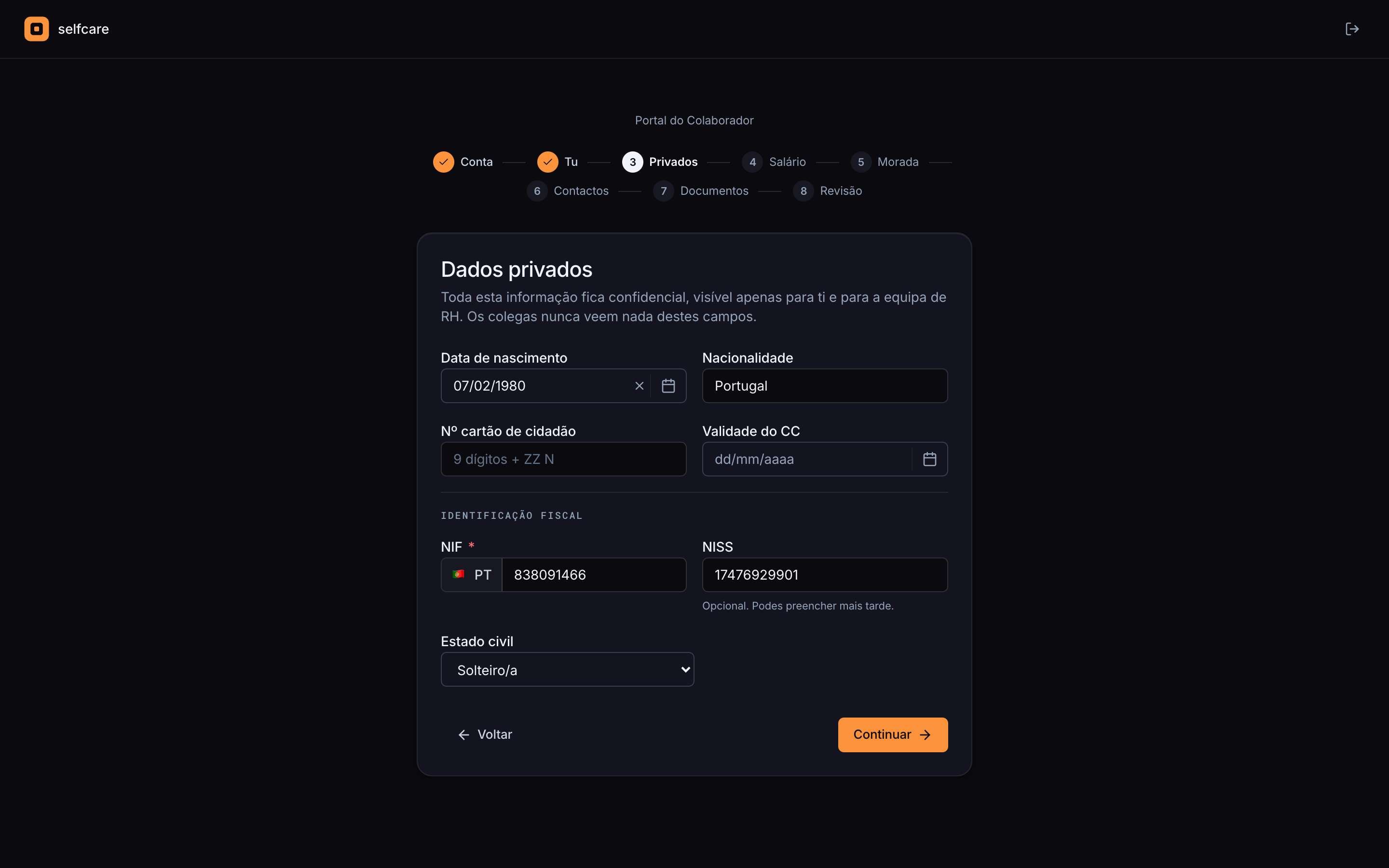 Passo Dados pessoais do onboarding no Selfcare, com data de nascimento, nacionalidade, cartão de cidadão, NIF e NISS