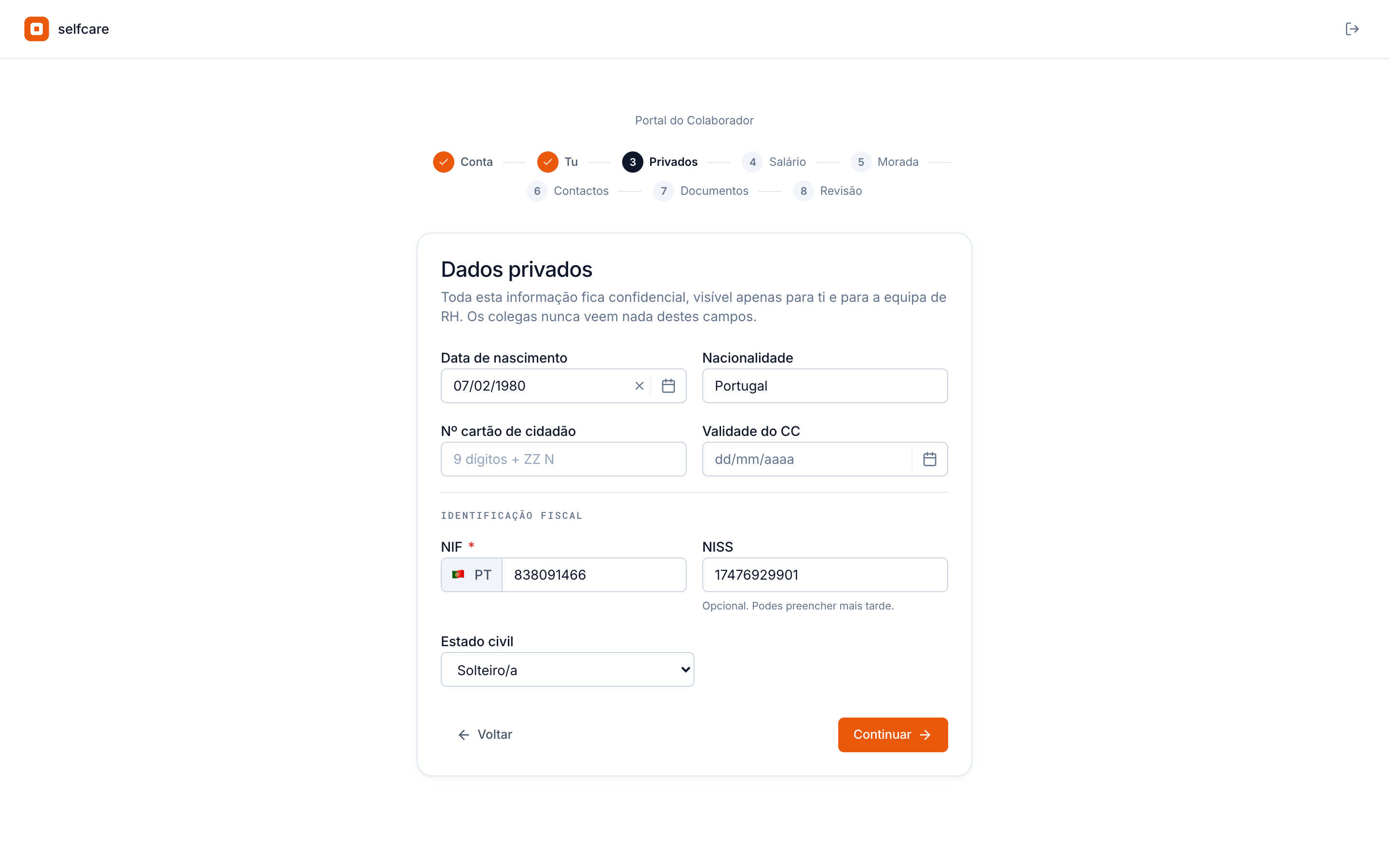 Passo Dados pessoais do onboarding no Selfcare, com data de nascimento, nacionalidade, cartão de cidadão, NIF e NISS