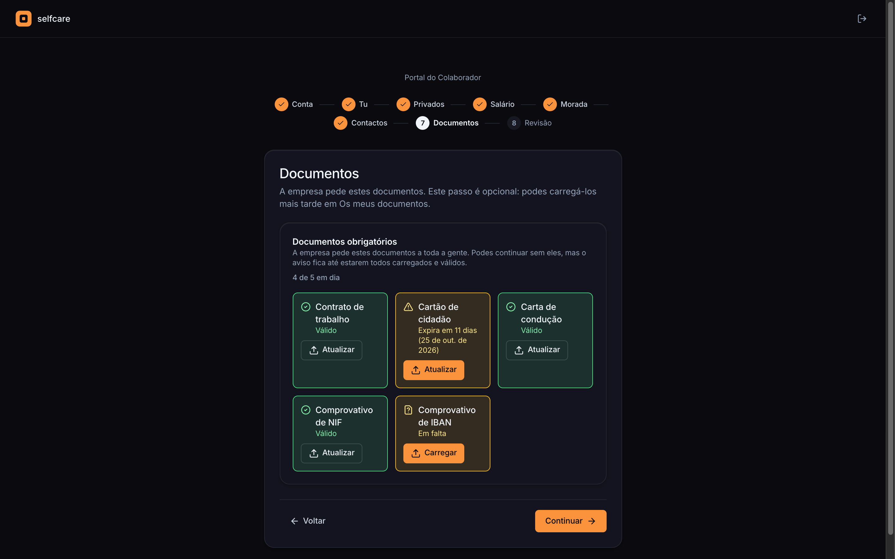 Passo Documentos do onboarding no Selfcare, com os cartões dos documentos obrigatórios da empresa e o estado de cada um