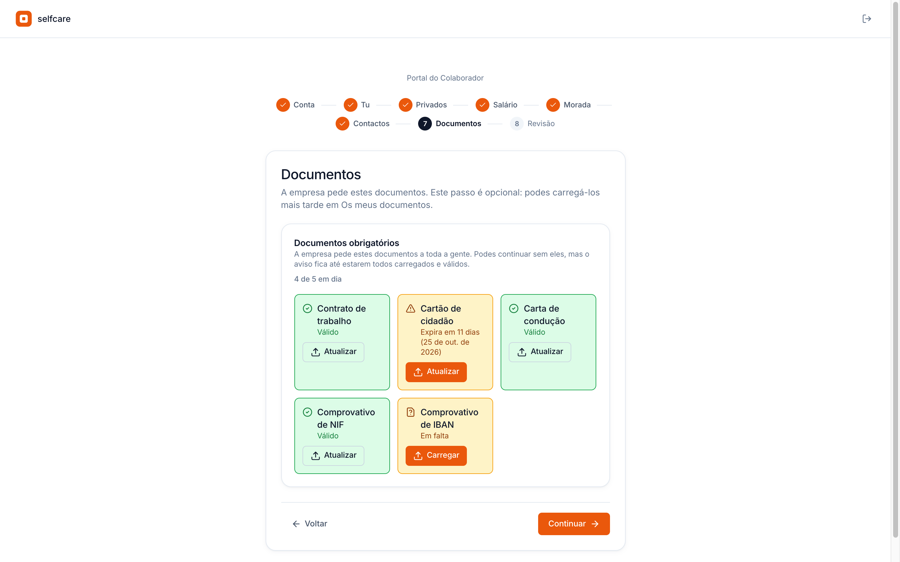 Passo Documentos do onboarding no Selfcare, com os cartões dos documentos obrigatórios da empresa e o estado de cada um