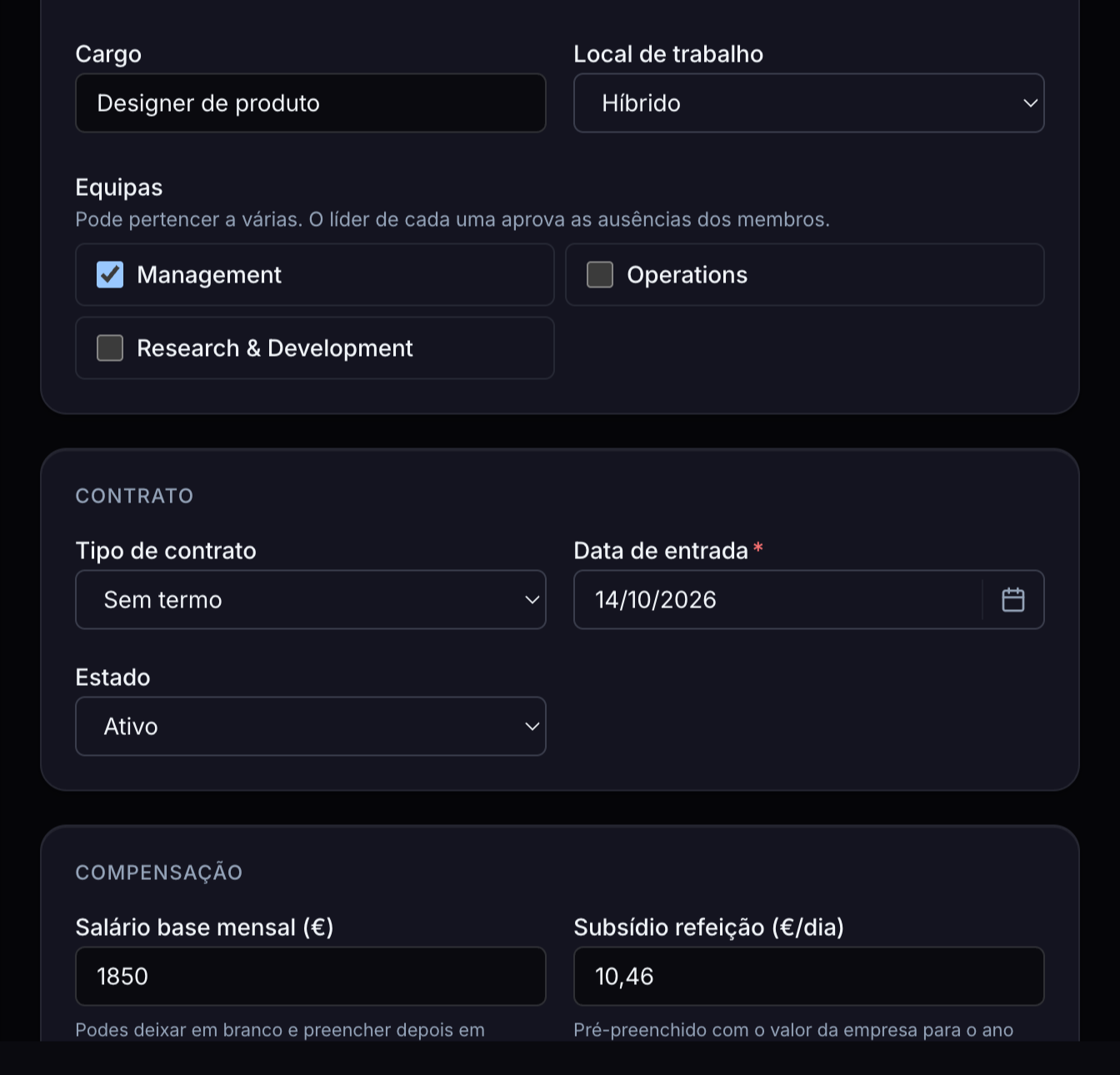 Assistente de novo colaborador no Selfcare, no passo Cargo e Contrato, com cargo, equipas, tipo de contrato, data de entrada e salário