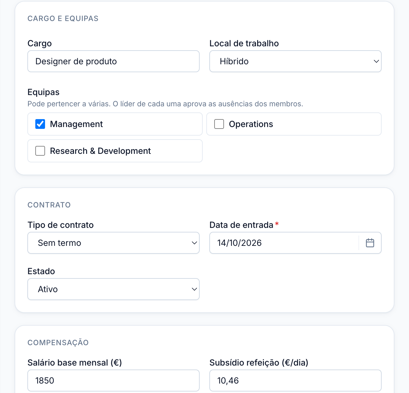 Assistente de novo colaborador no Selfcare, no passo Cargo e Contrato, com cargo, equipas, tipo de contrato, data de entrada e salário