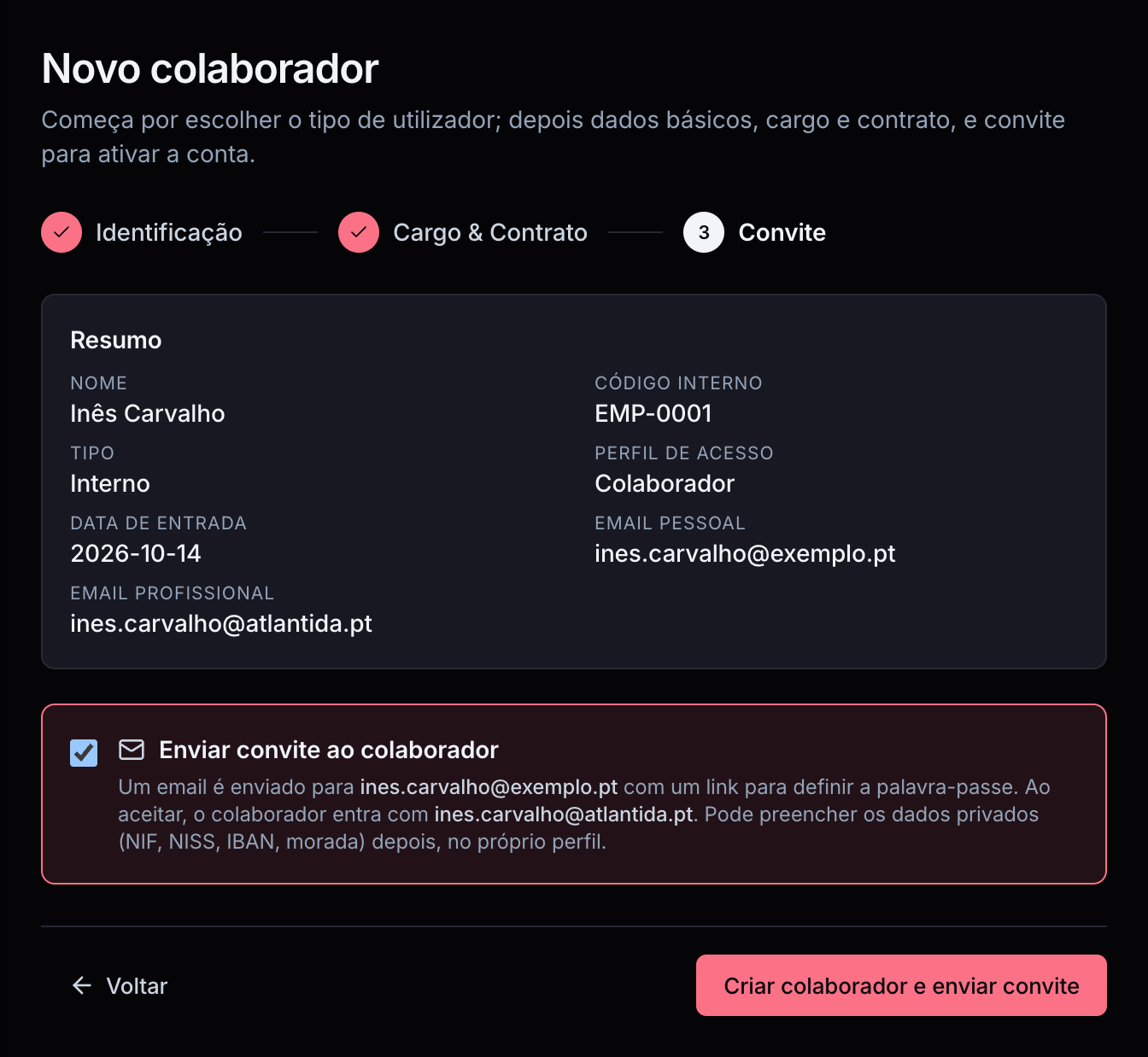 Último passo do assistente de novo colaborador: resumo da ficha e convite por email para a pessoa ativar a conta