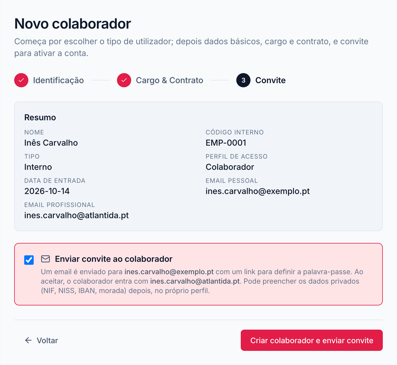 Último passo do assistente de novo colaborador: resumo da ficha e convite por email para a pessoa ativar a conta