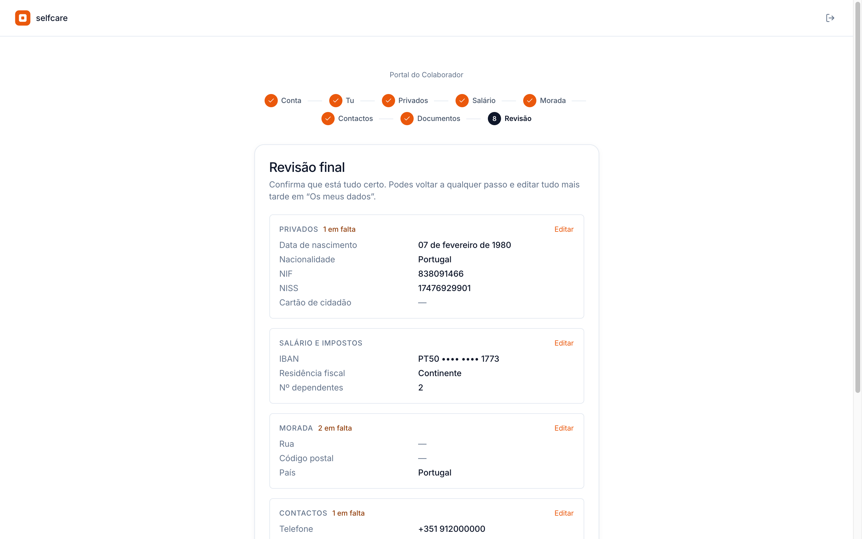 Revisão final do onboarding no Selfcare: resumo dos dados por secção, com o que falta em cada uma