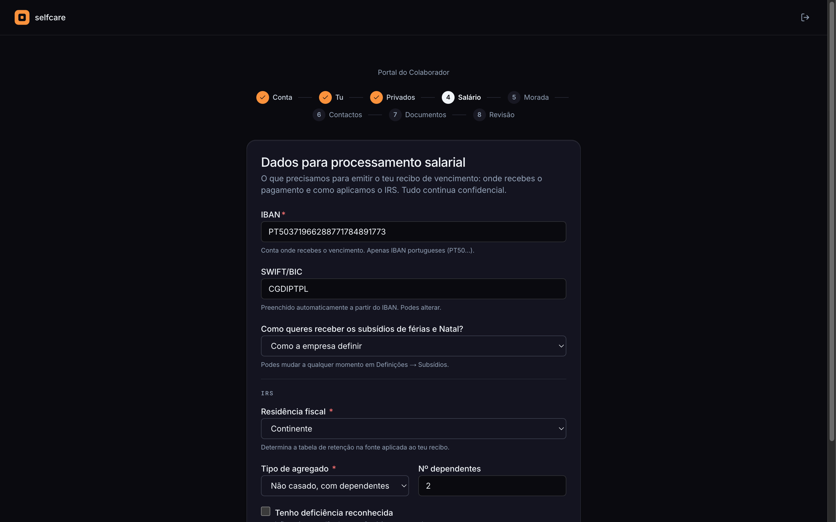 Passo Salário do onboarding no Selfcare: IBAN, subsídios, residência fiscal e dados para a retenção de IRS