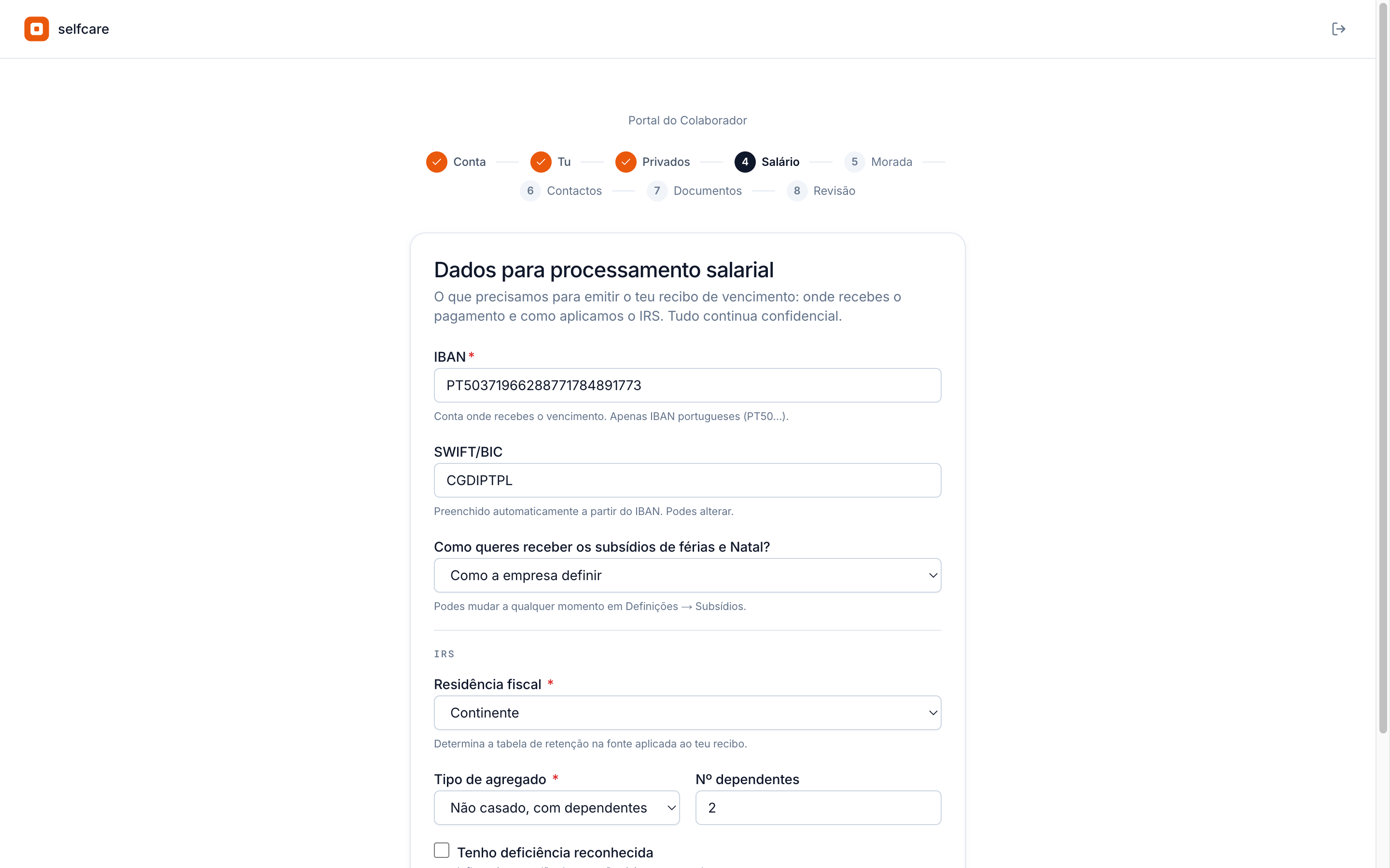 Passo Salário do onboarding no Selfcare: IBAN, subsídios, residência fiscal e dados para a retenção de IRS
