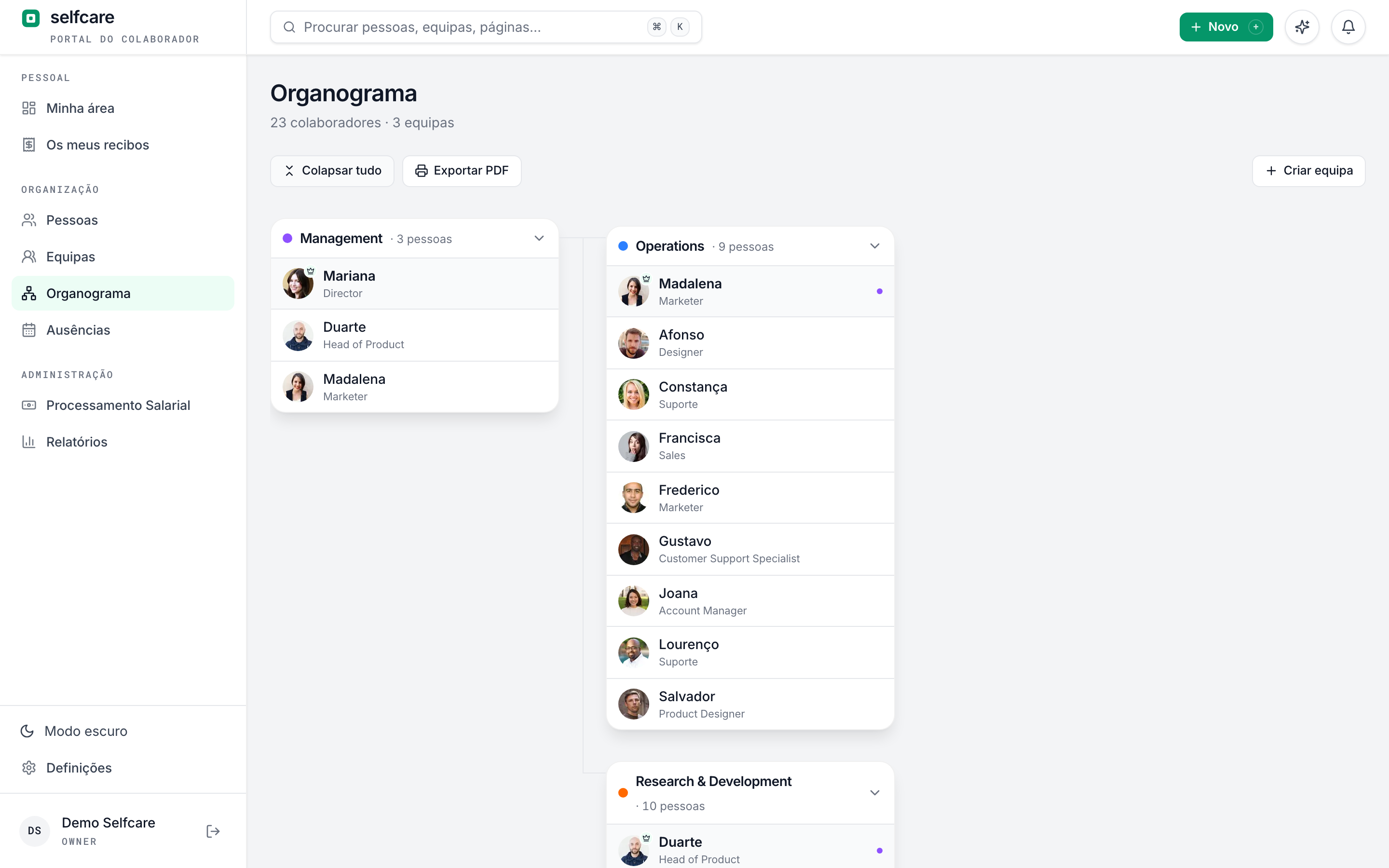 Organograma dinâmico no Selfcare com equipas expandidas e colaboradores sem equipa