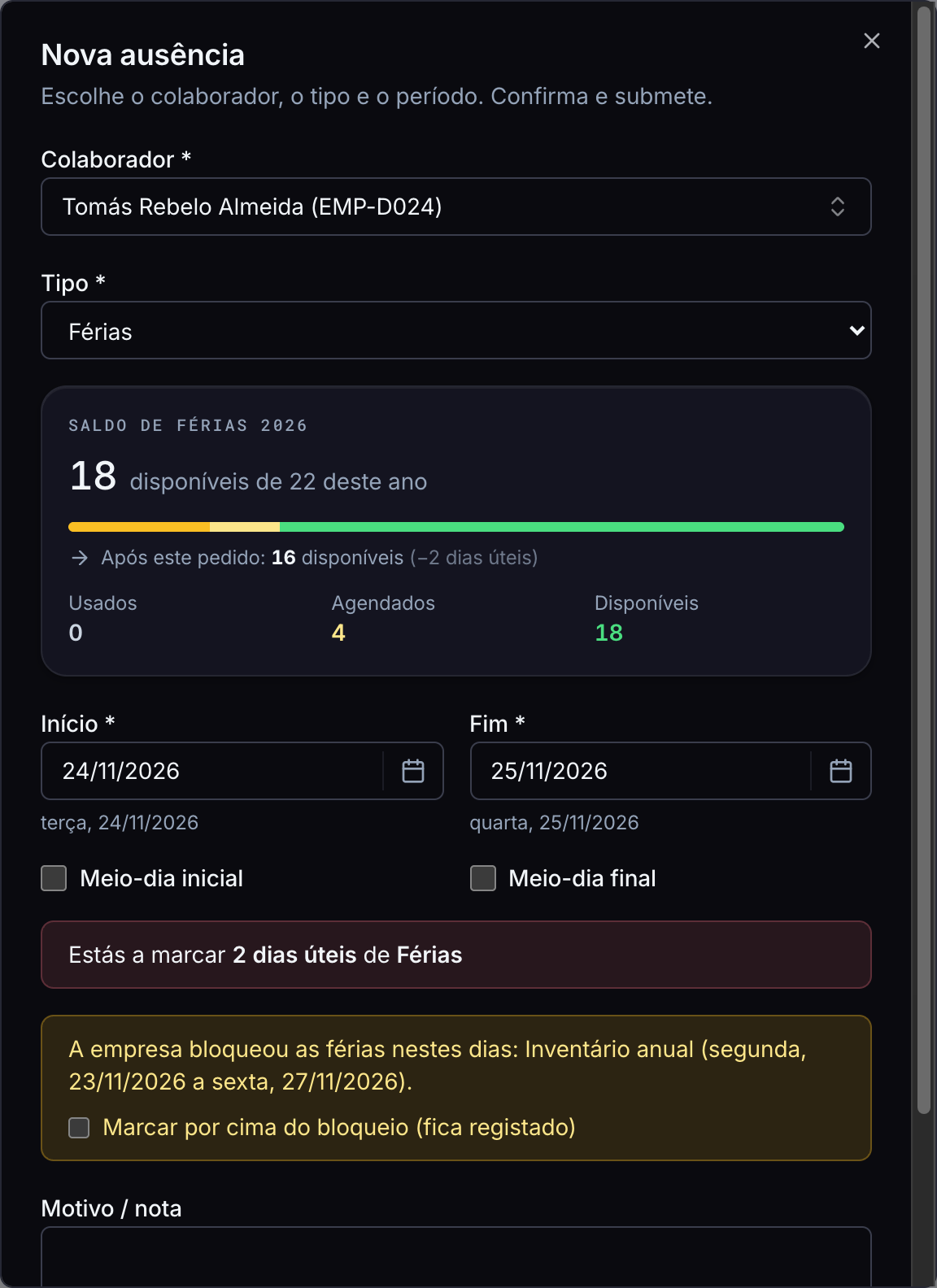 Formulário de nova ausência no Selfcare a avisar que a empresa bloqueou as férias nesses dias, durante o inventário anual