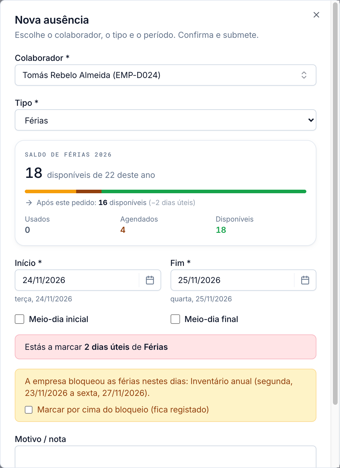 Formulário de nova ausência no Selfcare a avisar que a empresa bloqueou as férias nesses dias, durante o inventário anual