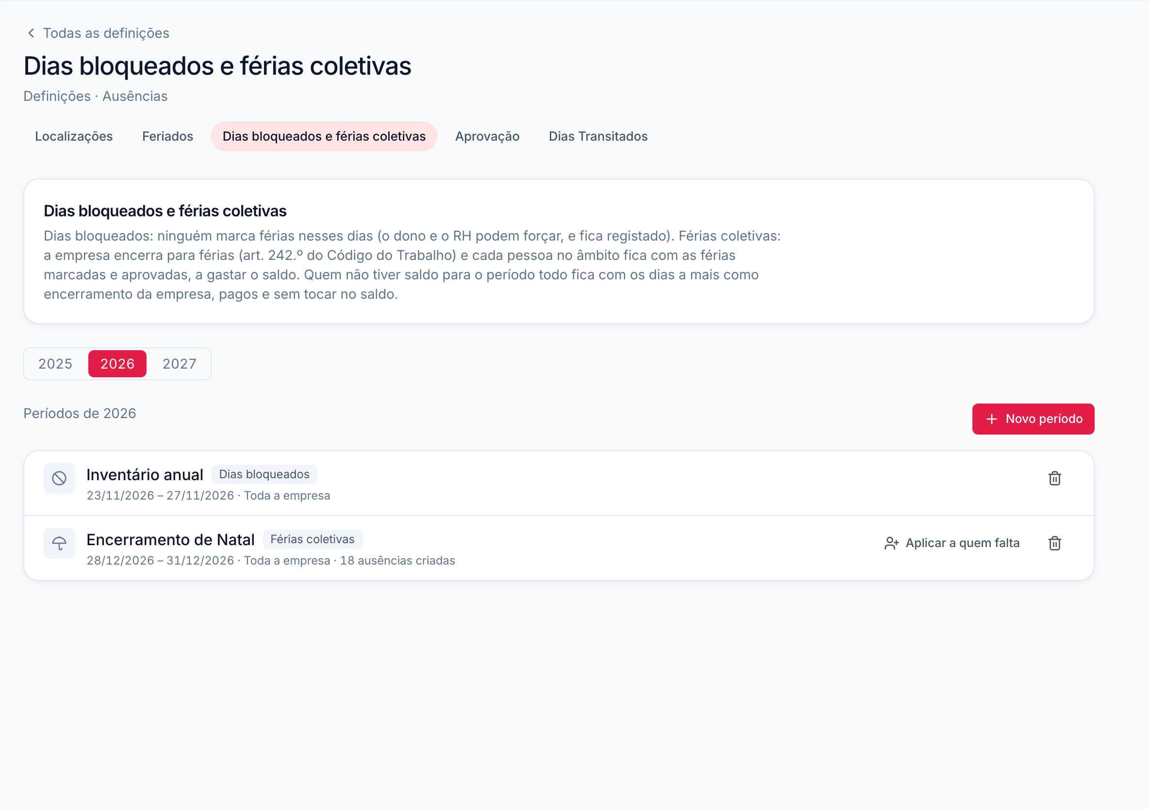 Lista de períodos da empresa no Selfcare com o inventário anual bloqueado em novembro e o encerramento de Natal com as ausências criadas