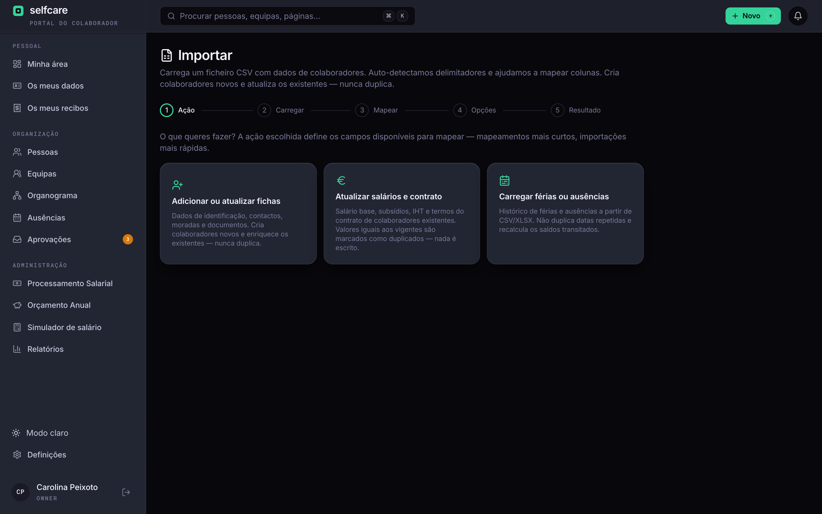 Importador de colaboradores do Selfcare para ficheiros CSV e Excel