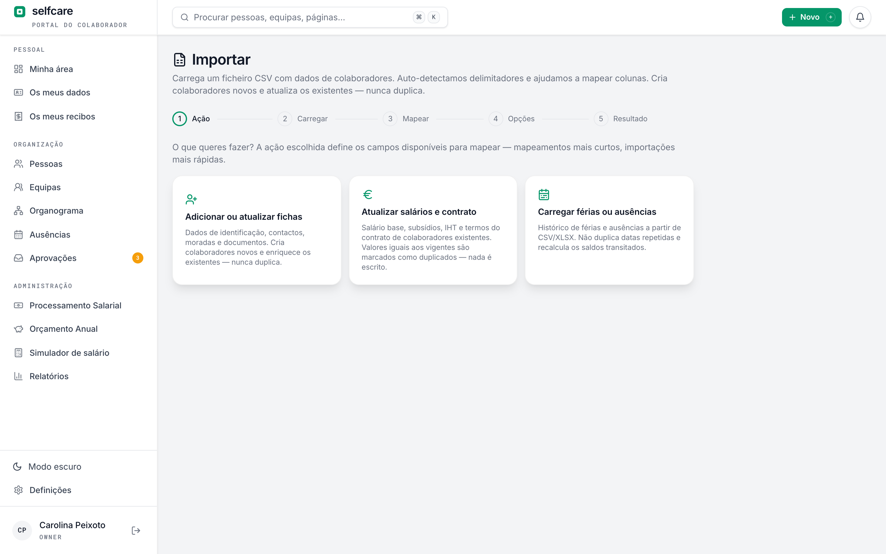 Importador de colaboradores do Selfcare para ficheiros CSV e Excel